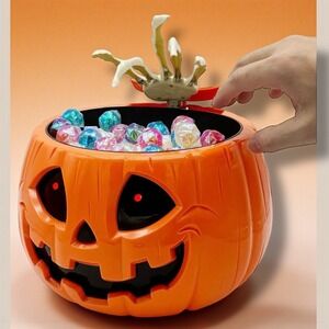 Halloween Animated Pumpkin Hand Candy Bowl Light Up Eyes Spooky Decor‎